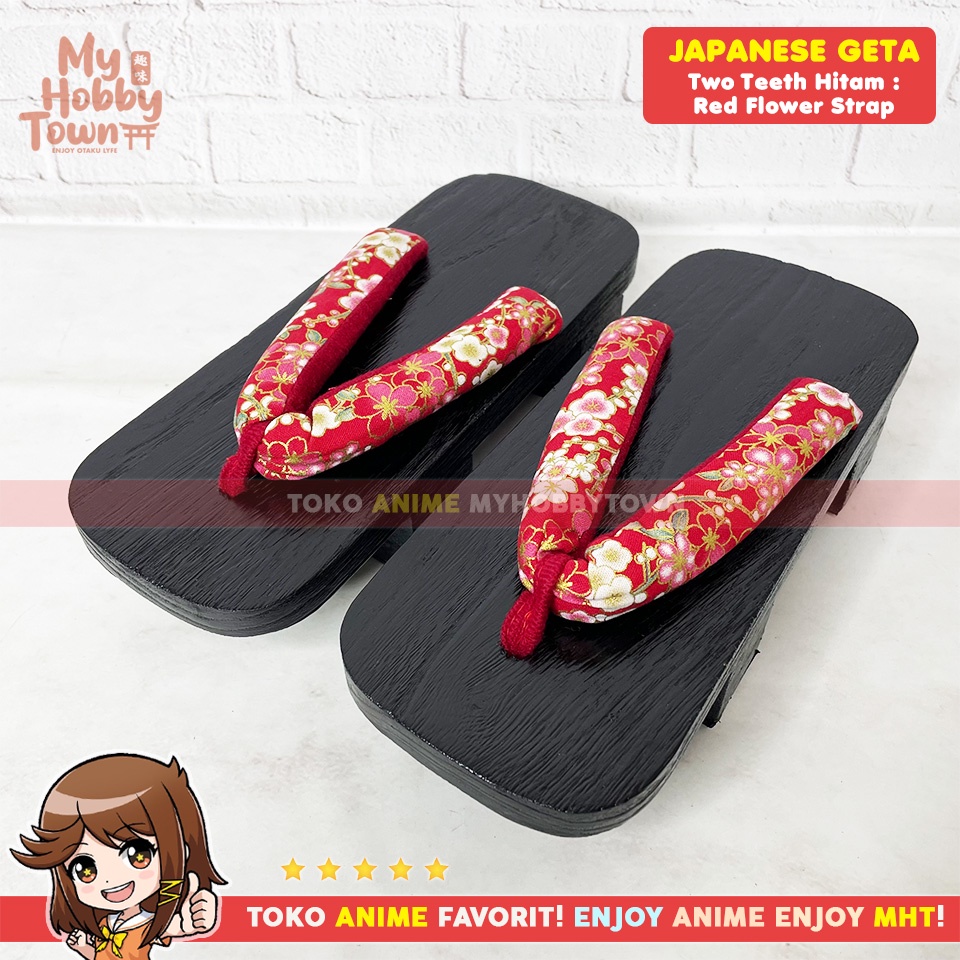 Geta Two Teeth Hitam (Tradisional) : Red Flower Strap Bakiak Sandal Kayu