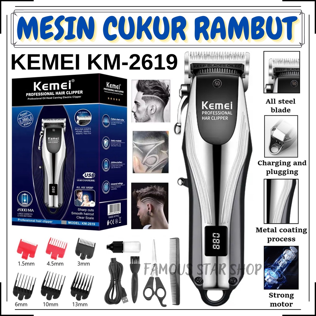 Clipper Kemei KM 2619 Alat Cukur Professional Pemangkas Rambut Isi Ulang Cas | Kemei KM-2619 Alat Cukur Rambut Profesional Tanpa Kabel Rechargeable Adjustable Dengan Layar LCD | Mesin Pencukur Rambut Tanpa Kabel | FMS
