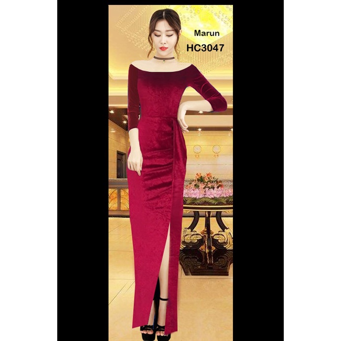 HC3047 Longdress Bludru Span Sabrina Belah Depan + Cup Bra / Gaun Panjang Seksi / Longdress Sexy / Long Dress Polos / Longdress Sabrina / Dress Panjang / Long Dress Beludru / Longdress Bludru / Longdres Velvet