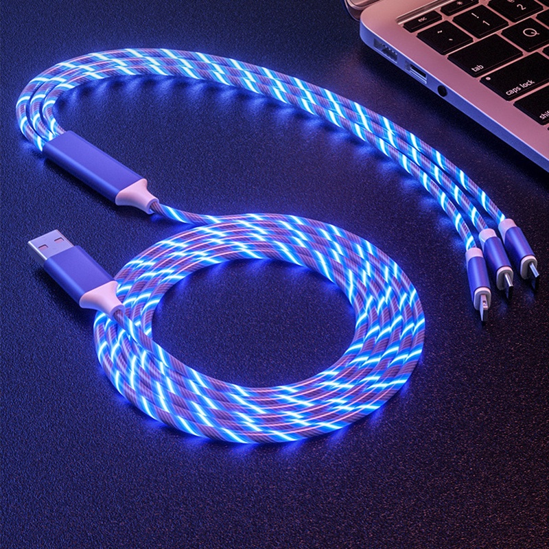 Baru Tiba 2Meter 3in1 LED Flowing Light Kabel USB 1.2M Fast Charging Car Streamer Charging Cable Kabel Data Bercahaya LED Bercahaya 5A