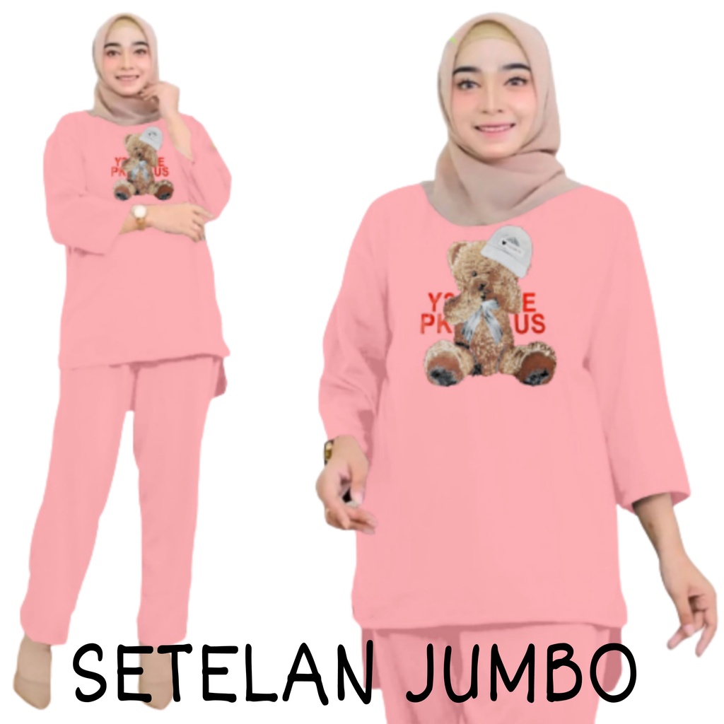 Setelan Kaos Wanita Dewasa Oversize Ld 130 cm Terbaru 2023 Viral Gambar DTF Bahan Kaos Babyterry Tangan 3/4 dan Celana Panjang One Set Wanita Dewasa Jumbo Kekinian Atasan Baju Wanita Dewasa Big Size Stelan Baju Wanita Santai Cewek Beruang Topi