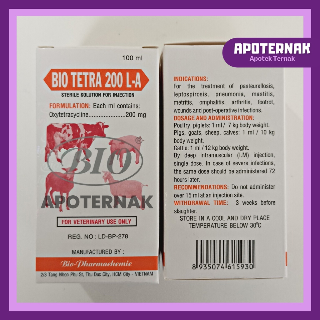 BIO TETRA 200 LA 100 mL Oxy Tetra | Antibiotik Obat infeksi Pernafasan dan Pencernaan hewan | OTC LA - Apoternak