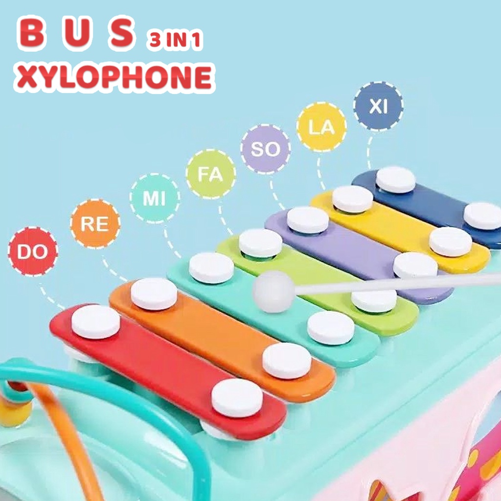 Mainan Bus Xylophone Mobil / Mainan 3in1 Musik/ Sorting Bentuk dan Alur kawat/ Mainan Anak Edukasi YE20