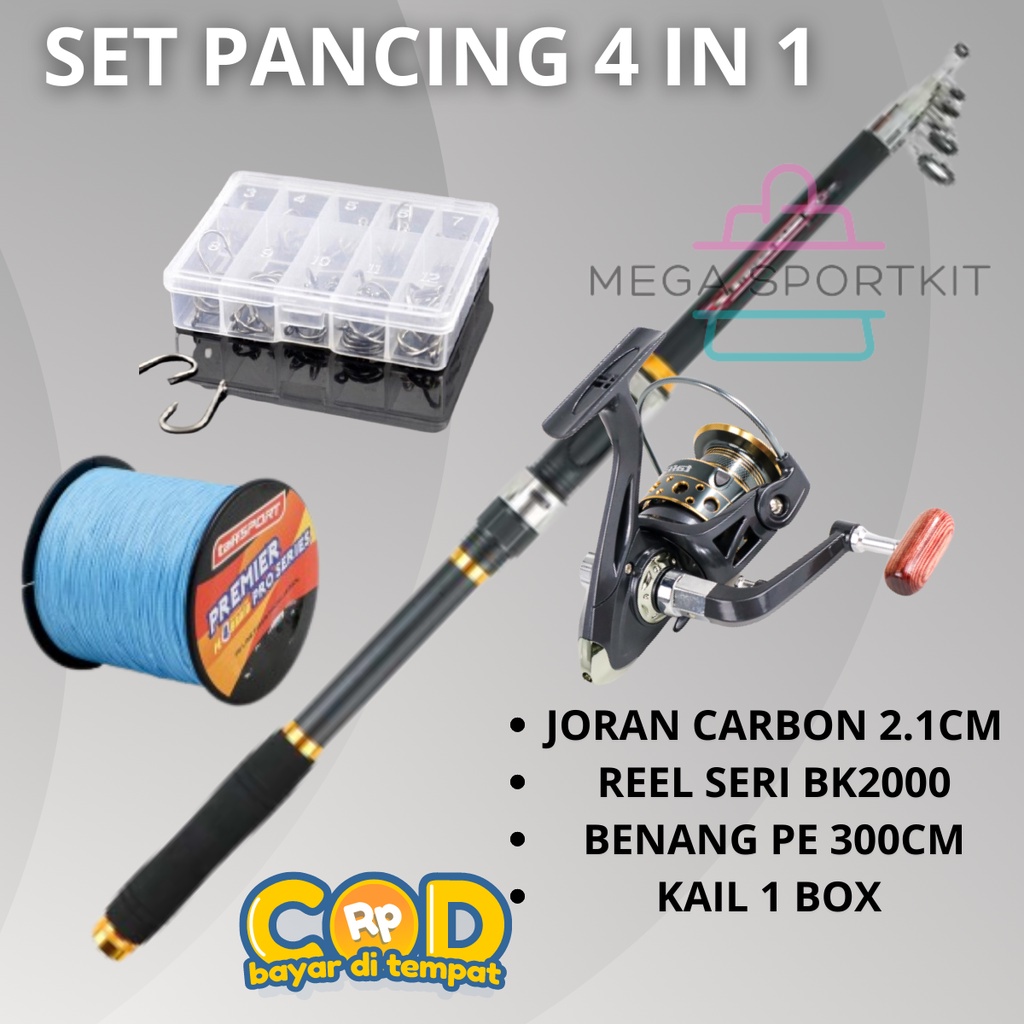 Promo COD 1 Set Paket Mancing Mania 4 IN 1 Joran Stik Telescopic Panjang 210cm Reel Spinning 13 Ball