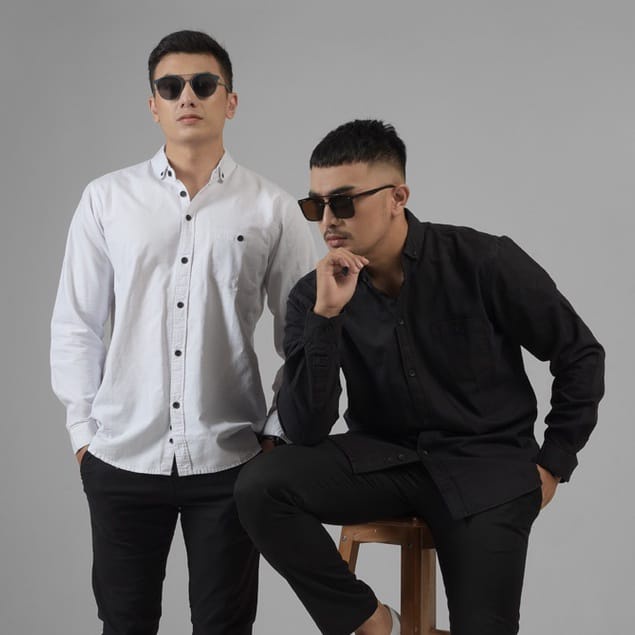 Kemeja Cowok polos lengan panjang slimfit hem pria kantor hitam navy putih