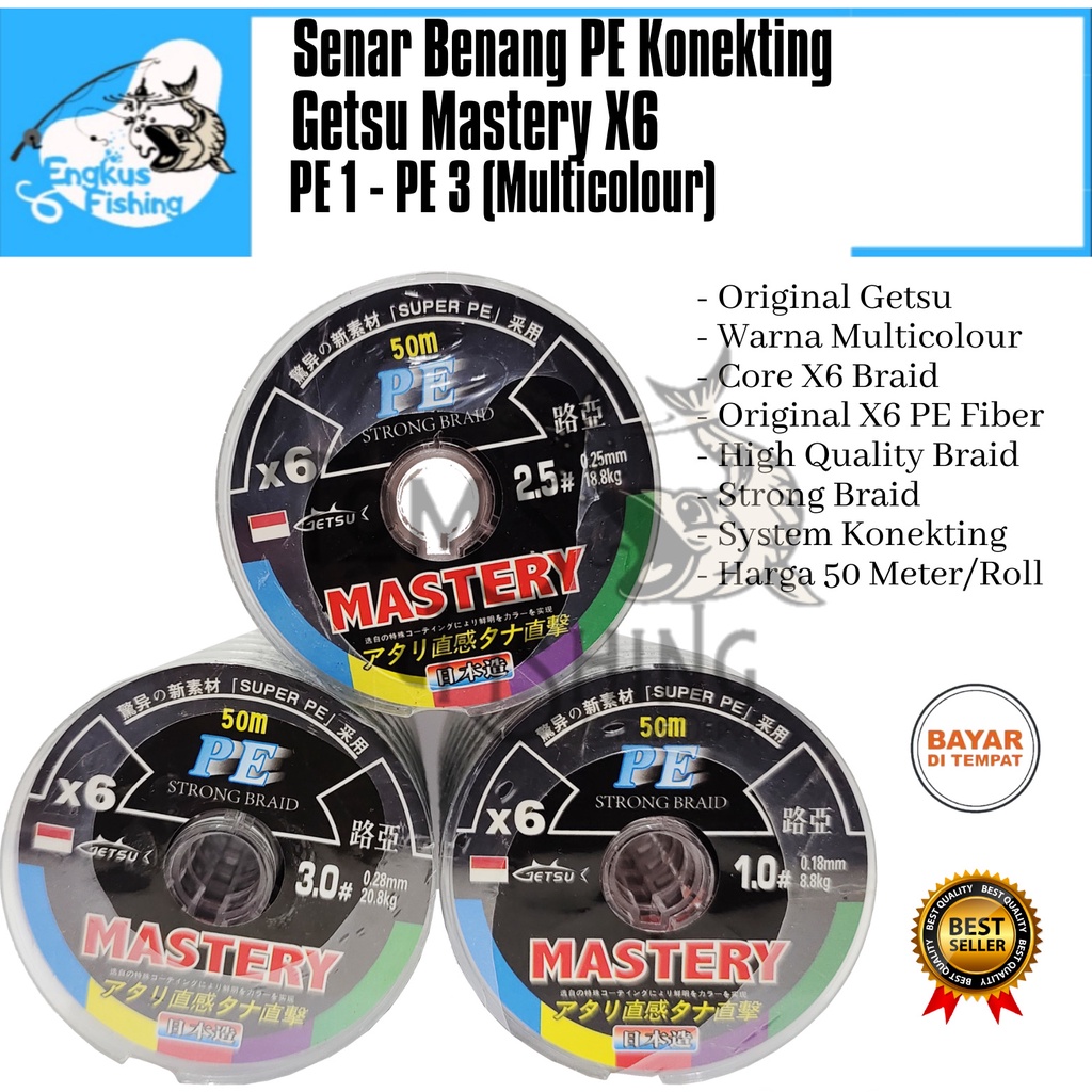 Senar Benang Pancing PE Getsu Mastery X6 Braid 50M/Roll (PE 1-PE3) Multicolor Murah - Engkus Fishing