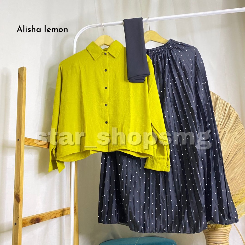 (3  in1) ONE SET ALISHA (pashmina ceruti+kemeja crinkle+rok polka)