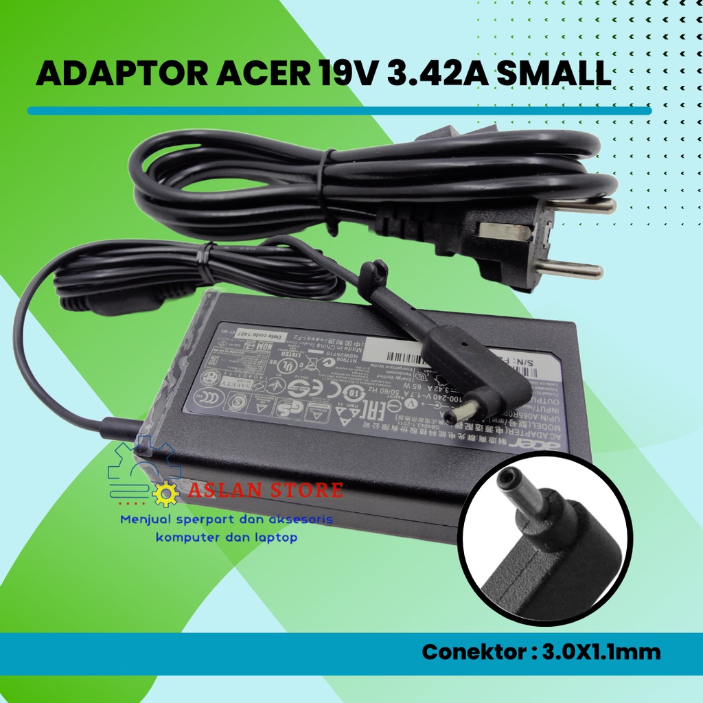 AC POWER ADAPTER ACER 19V 3,42 A 65W 3.0*1.1Mm Pengisi Daya Adaptor Laptop Aspire S3 S5 S7 P3 Iconia C740 C720 Tab W500 W700 C740 C910