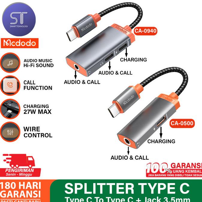 MCDODO CA-094 Converter Splitter Audio 3 IN 1 Dual Type C + Jack 3.5Mm