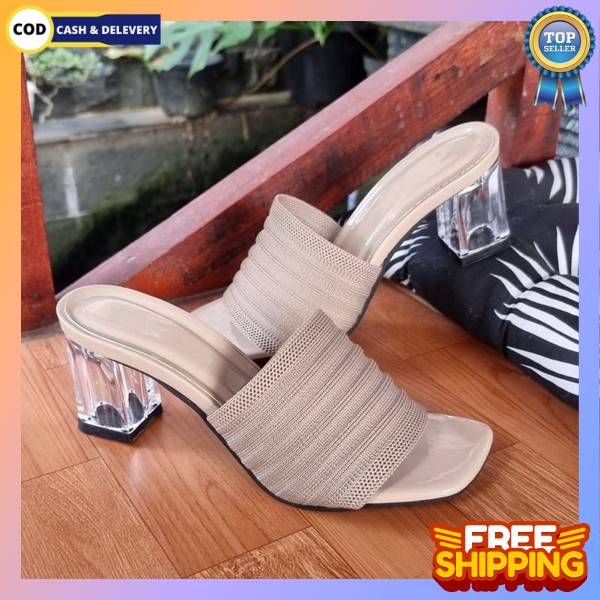 Sandal Sendal Fashion Pesta Selop Heels Hak Tahu Tinggi Kaca Jepit Wanita 3Cm Mewah Hak Tahu Terbaru