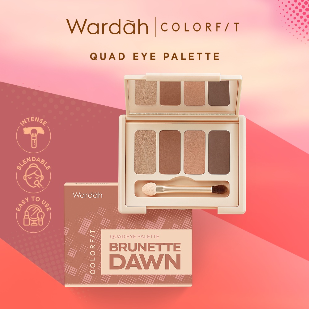 WARDAH Colorfit Quad Eye Palette Indonesia / Eyeshadow 4 IN 1 / Pigmented Blendable Microsmooth Creasing / Matte Shimmer Natural / 01 Brunette Dawn 02 Rose Aurora 03 Sunlit Blaze / Cosmetic Face Makeup Series / Highlighter Highlight Contour Bronzer Shadow