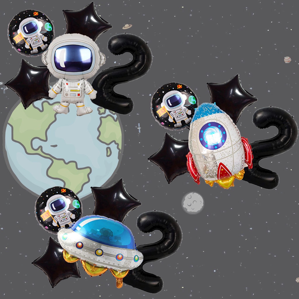 [MINI SET] Dekorasi Balon ASTRONOT UFO ANGKA 80cm HITAM Tema Luar Angkasa
