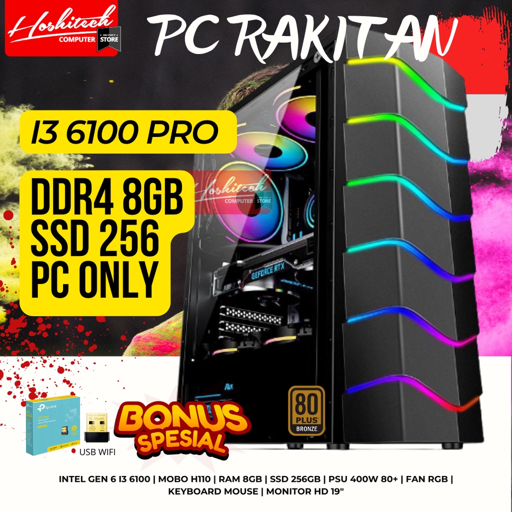 PC RAKITAN KANTOR SEKOLAH I3 DDR4 8GB SSD 256GB MONITOR 19 INCH