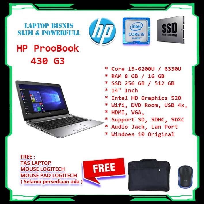 LAPTOP CORE i5 RAM 16 GB SSD 512 GB SLIM & NGEBUT | HP PROBOOK 430 G3