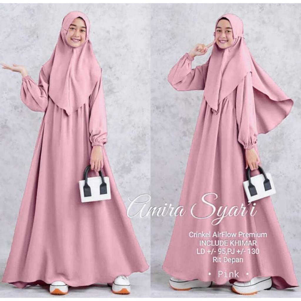 Amira Syari + Jilbab Gamis Remaja Usia 10-18 th, Dress Anak Tanggung Bahan Cringkel Airflow Baju Anak Perempuan Terbaru Pakaian Muslim Cewek Pesantren Outfit Muslimah Kekinian Fashion Terkini Dres Unty