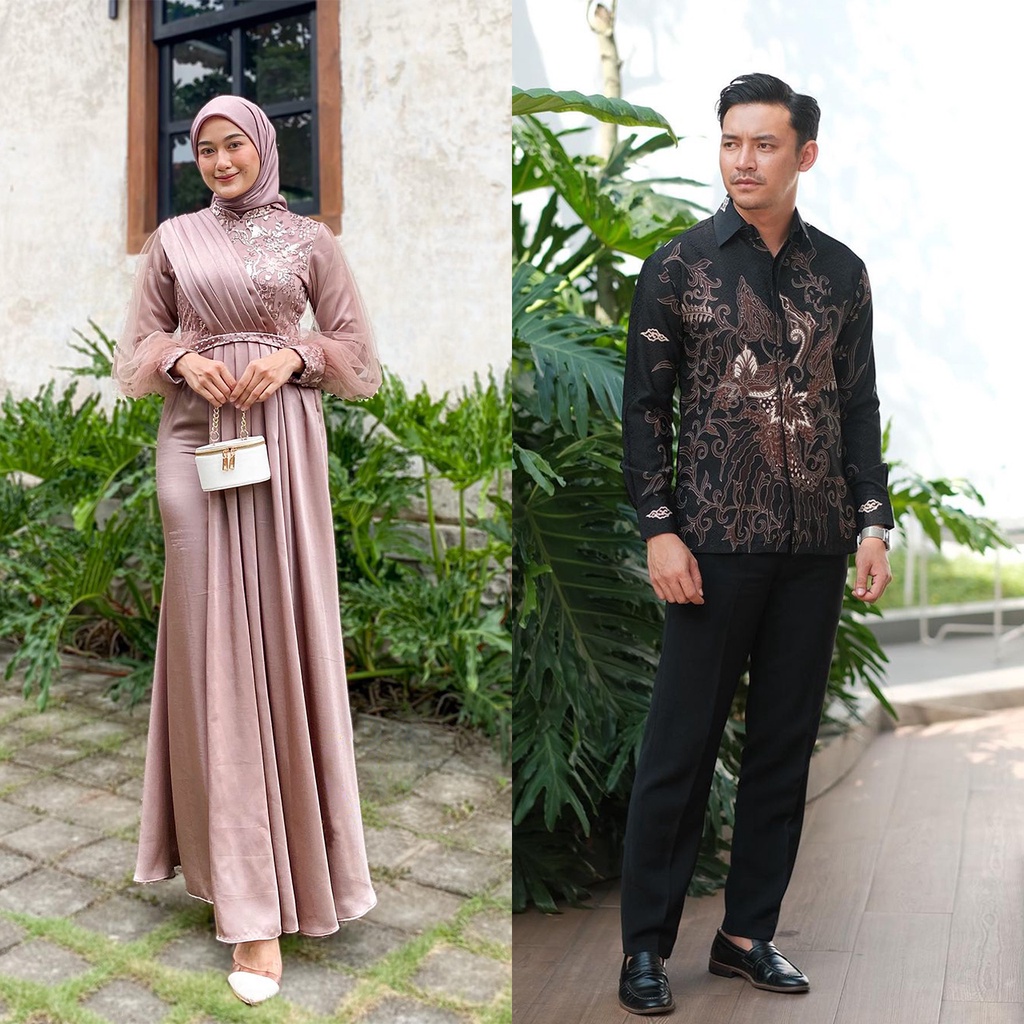 (NEW ARRIVAL) COUPLE DRESS MELODY NUDE SERIES | Gamis Brukat Maxi Wanita Tulle Mutiara | Dress Casual Kondangan Simple Terbaru | Couple Pasangan Batik Lebaran Lamaran Kondangan | Gamis Brokat Tulle Mix Velvet Payet