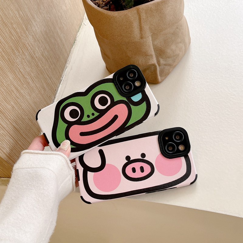 Cartoon Pet Pig Frog Leather Softcase iPhone iP 7 8 + Plus SE 2020 11 12 13 14 Pro Max 14 Plus for Girl Couple