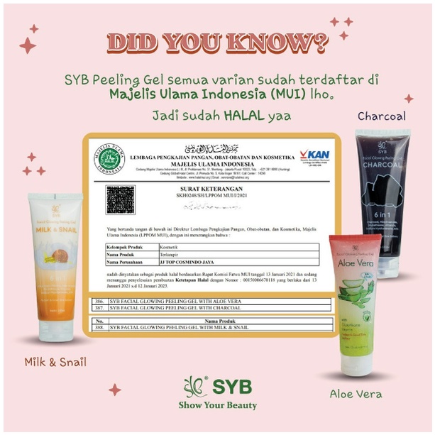 SYB Facial Glowing Peeling | Gel Aloe Vera - Milk &amp; Snail - Charcoal - Peeling Wajah Original