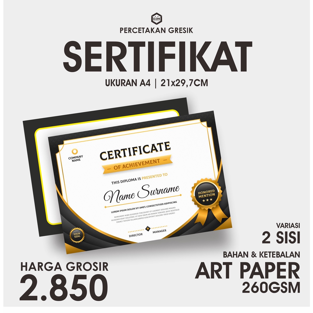 

SERTIFIKAT / PIAGAM PENGHARGAAN | 2 SISI | UK A4 BAHAN AP 260 TEBAL & GLOSY CUSTOME
