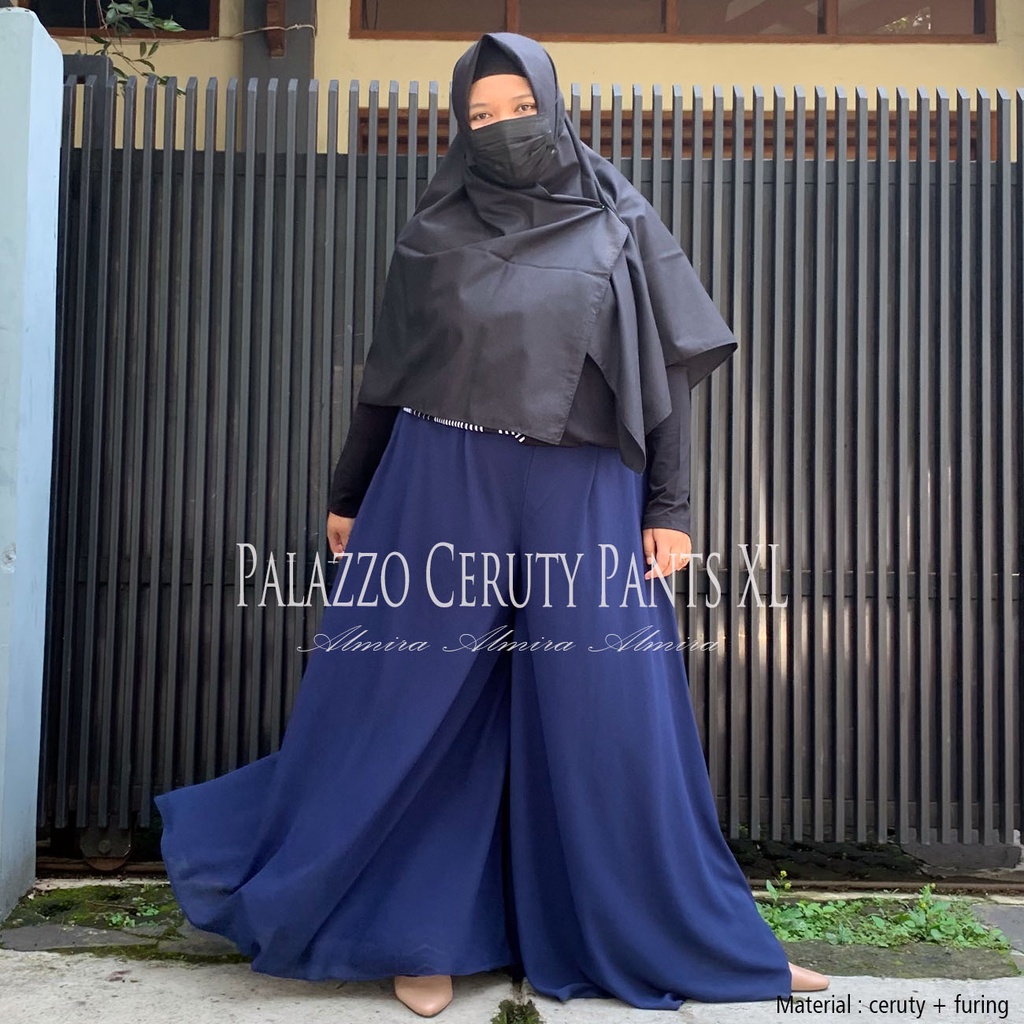 Celana Kulot Jumbo Wanita Kulot Sifon Ceruty Palazzo Pants Almira Ukuran XL Pinggang 90cm BB 80 Big Size