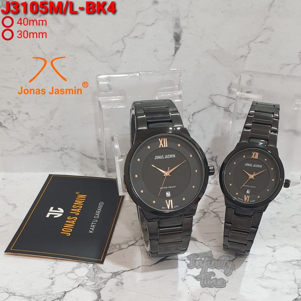 Jam Tangan Couple Jonas Jasmin JJ3105M/L Cowok Cewek Analog Tanggal Aktif Rantai Stainless Original 