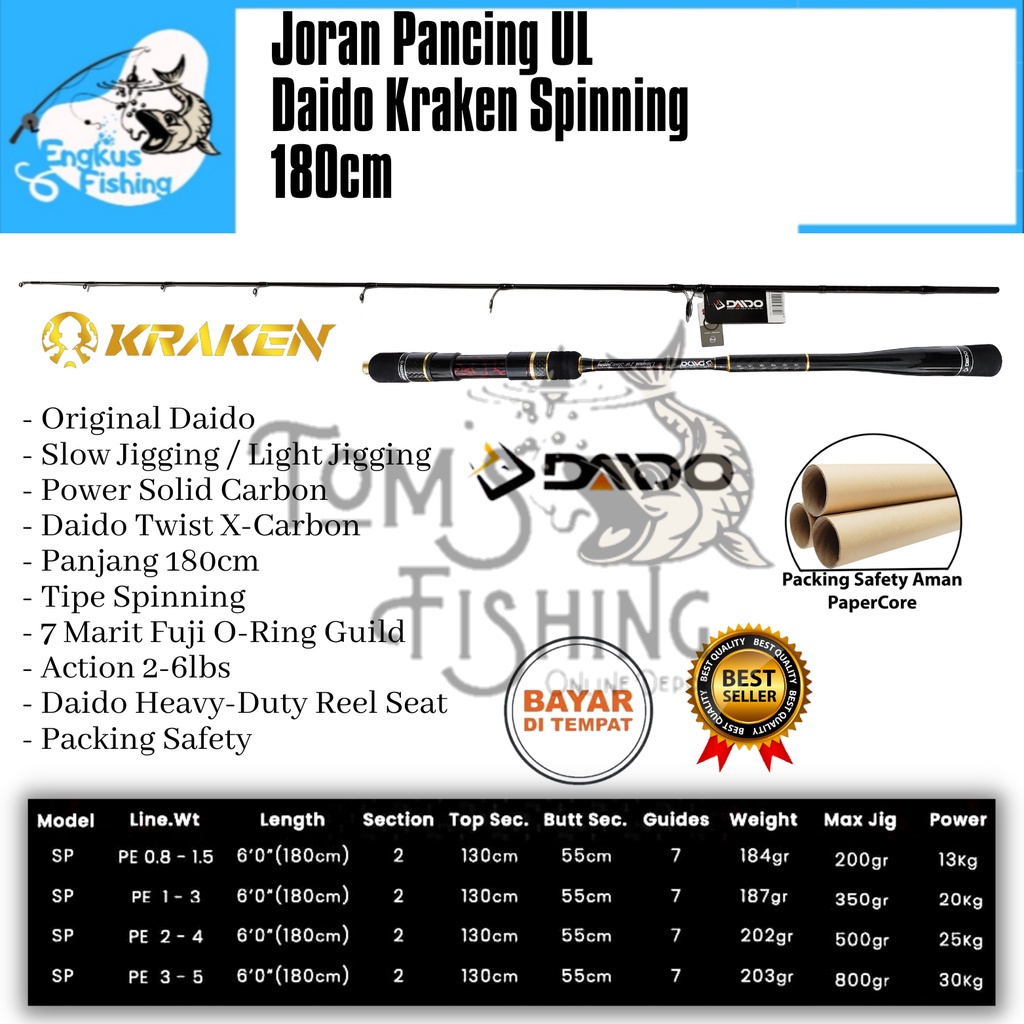 Joran Pancing Terbaru Daido Kraken 180cm SP / BC (PE 0.8-1.5 sd PE 3-5) Fuji Murah -  Engkus Fishing