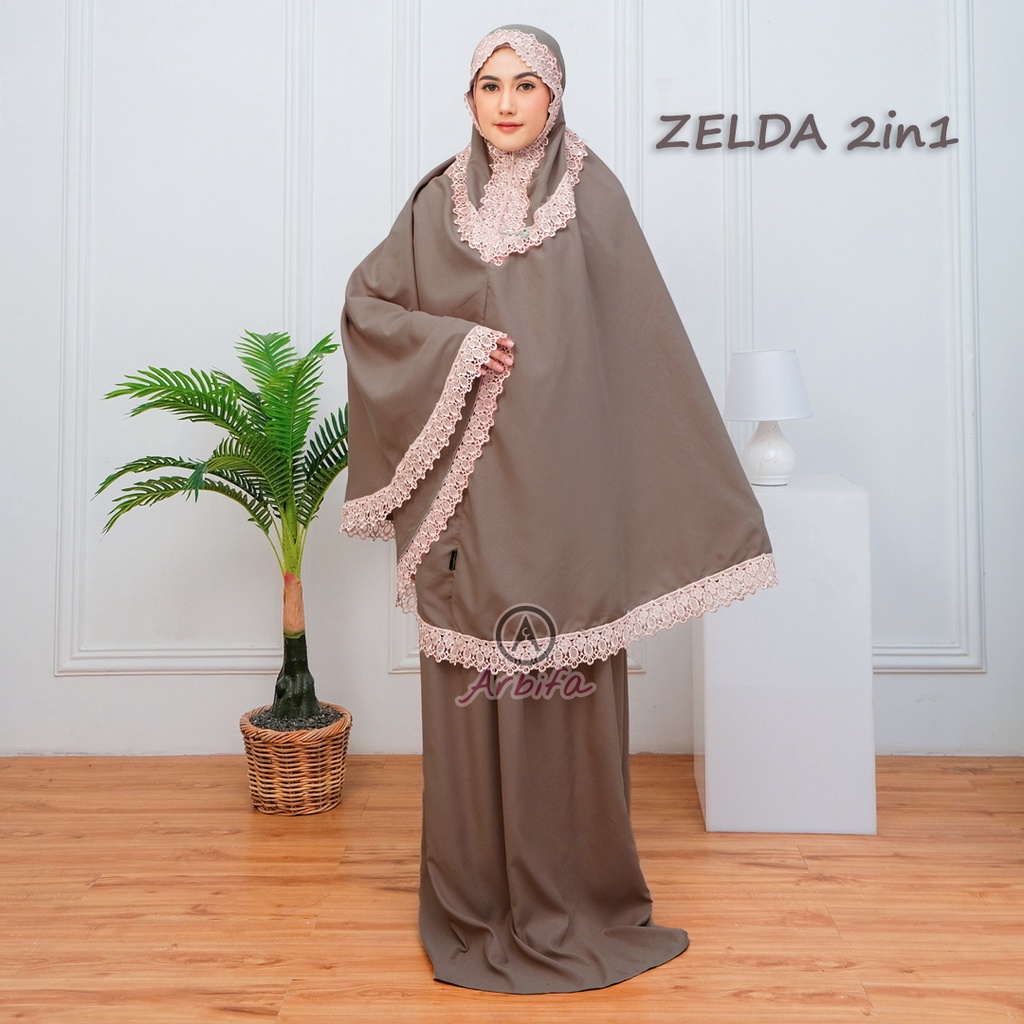 Mukena 2 in 1 Traveling Dewasa Katun Premium Adem Mewah Renda Kalung Zipper Series Zelda