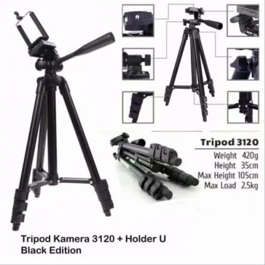 Tripod 3120 Tripod Hp dan kamera universal free holder U dudukan hp dan tas tripod 3120 Hitam tripod 1 meter black edition