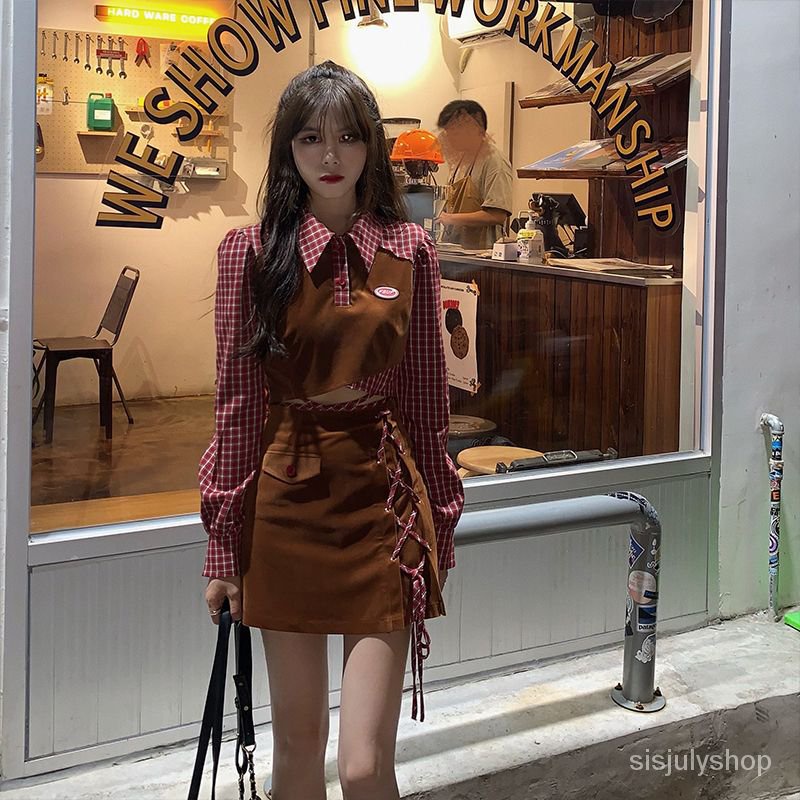 [✅BISA COD] #Sisjuly# Rok atasan kotak-kotak kotak-kotak wanita bertali set dua potong