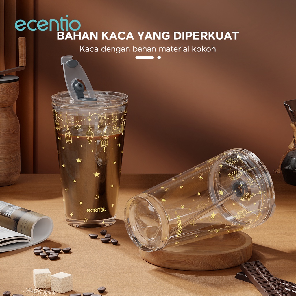 ecentio Tumbler Gelas Kopi Kaca 450/370/350ml Bening Gelas Free Sedotan Dan Tutup Anti Bocor Mug Coffee Botol Minum Cup Souvenir Hadiah