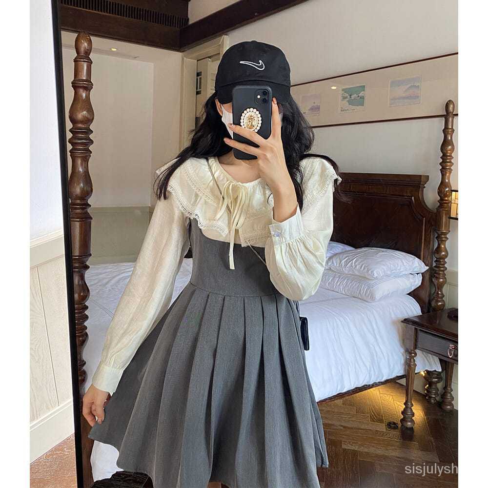 [✅BISA COD] #Sisjuly# Gaun Lipit Belakang Kemeja Busur Renda Gaya Perguruan Tinggi Vintage Wanita