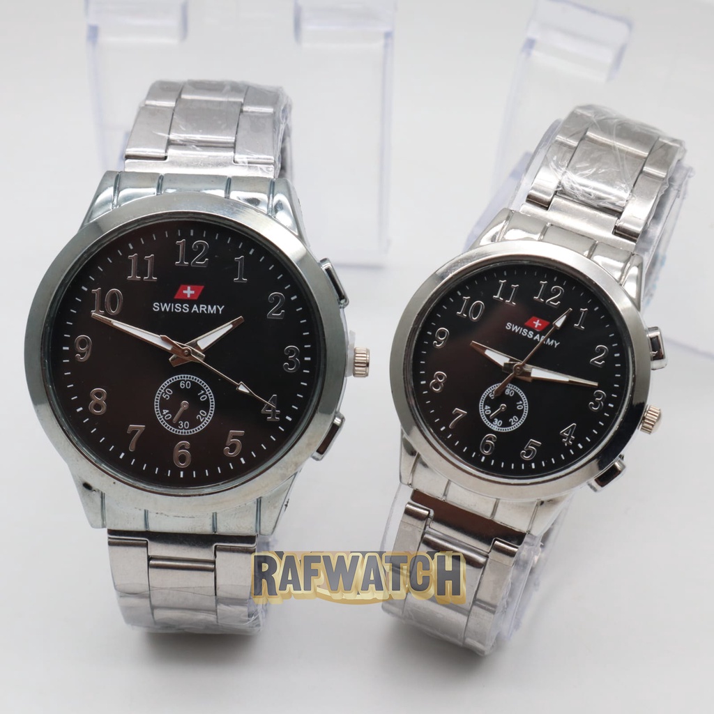 Jam Tangan Pasangan Pria Wanita Analog Casual Rantai Stainless Silver Hitam RPA5