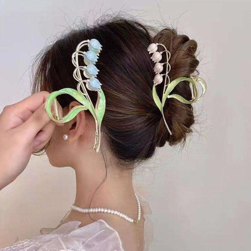 PREMIUM Jepit Rambut Jumbo Korea Bahan Alloy 11cm Bentuk 4 Bunga Tulip - Jedai Logam Korean Metal Hair Claw Clips