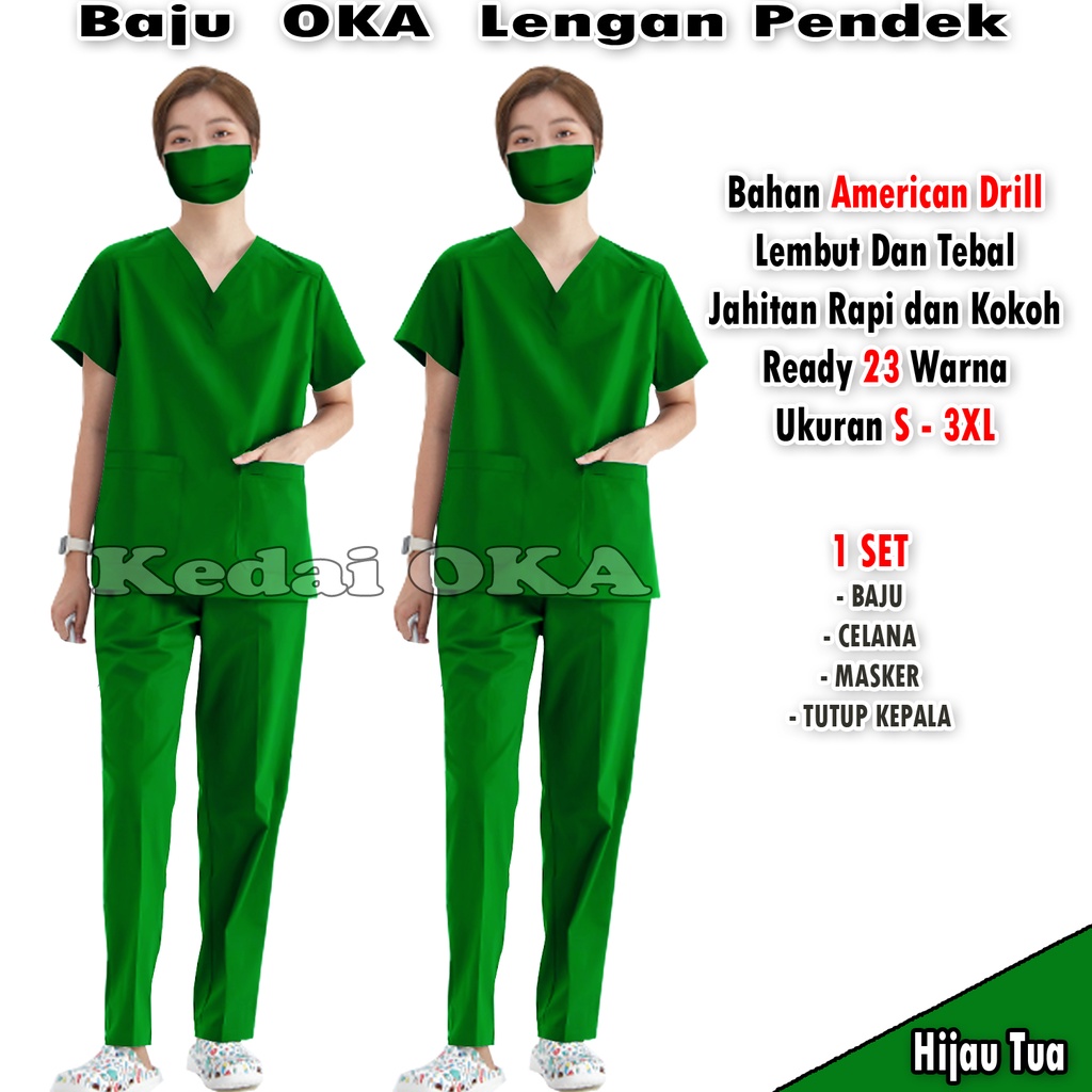 Baju Oka Perawat - Seragam Kerja Medis - Baju OK Lengan Pendek - Scrub Oka - Baju Jaga Dokter Bidan - Bahan American Drill - Promo