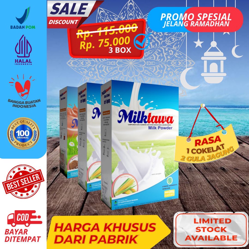 

Paket Hadiah Promo Spesial Ramadhan Paket Bundling Susu Kambing Etawa Milktawa 2 pcs Rasa Jagung dan 1 pcs Rasa Cokelat