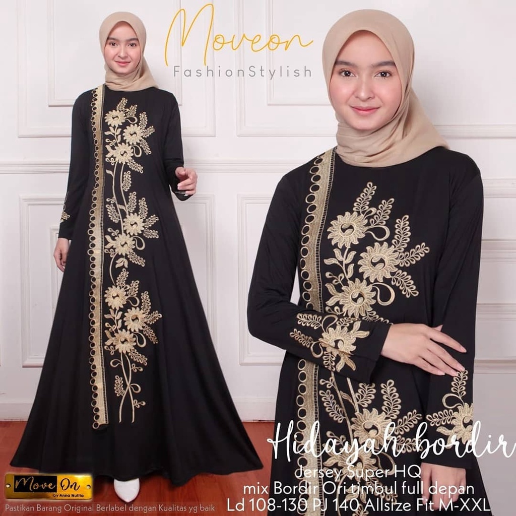 Hidayah Maxy Yuria Maxy Gamis Jumbo Jersey Motif Bordir xxxl Ld 130cm Arabian Abaya Gamis Lebaran Remaja Muslimah Terbaru Seragaman Pengajian Murah Dress Wanita Muslimah Syar'i Gamis Polos Tebal Premium Warna Hitam