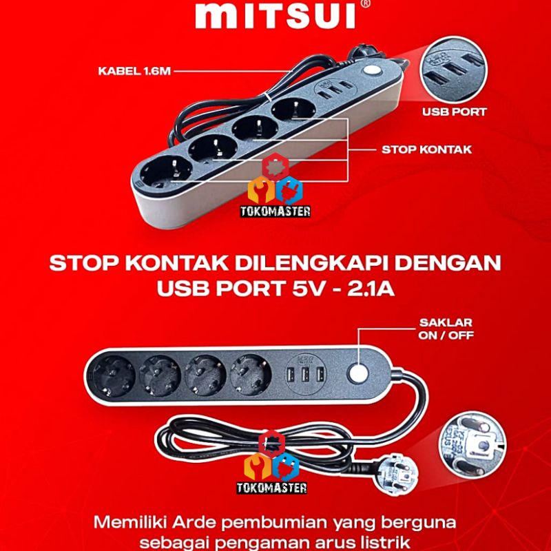 Stop Kontak + USB Colokan Set Kabel 4 Lubang AC 3 USB Mitsui MSC 154 USB Port Terminal Smart Power On Off Adapter