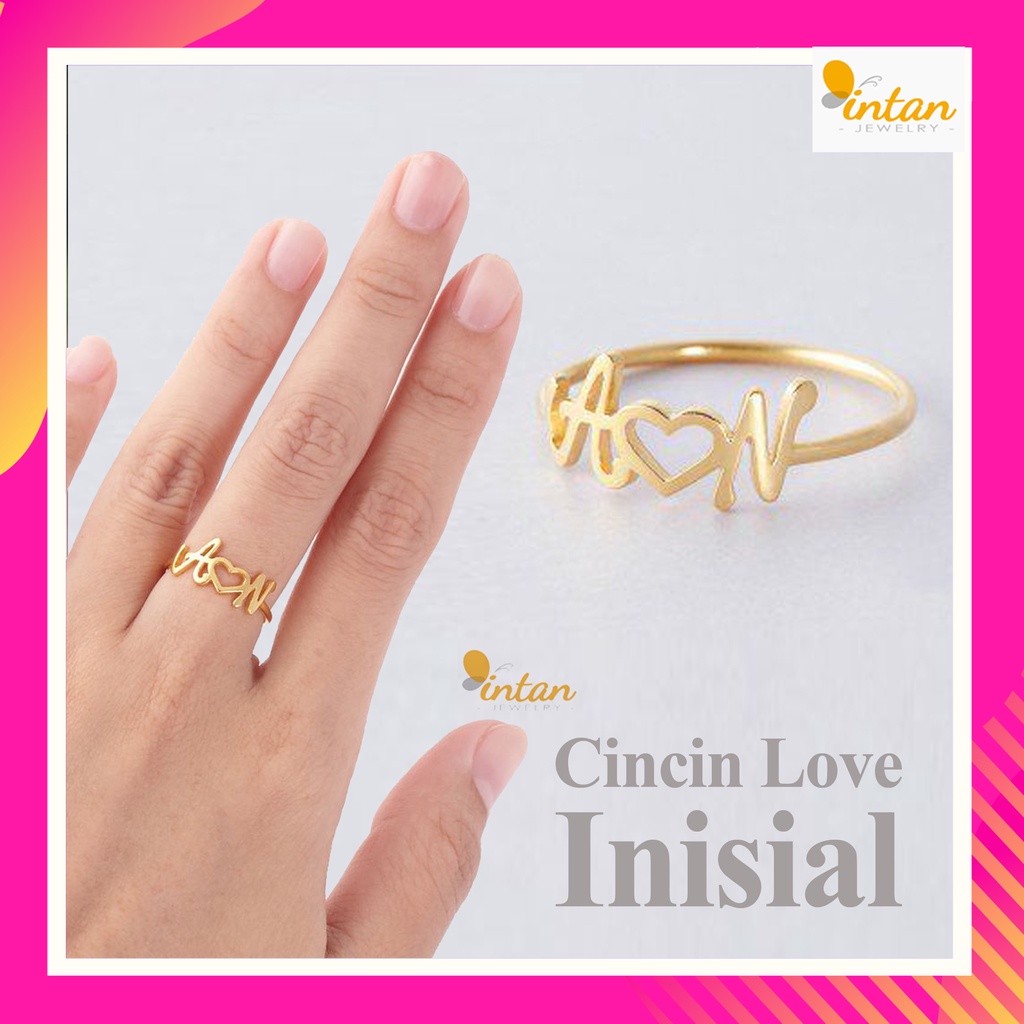 Cincin Nama Inisial Love Huruf Custom Cincin Nama Titanium Lapis Emas Asli 24k Ukir Custom Nama Send