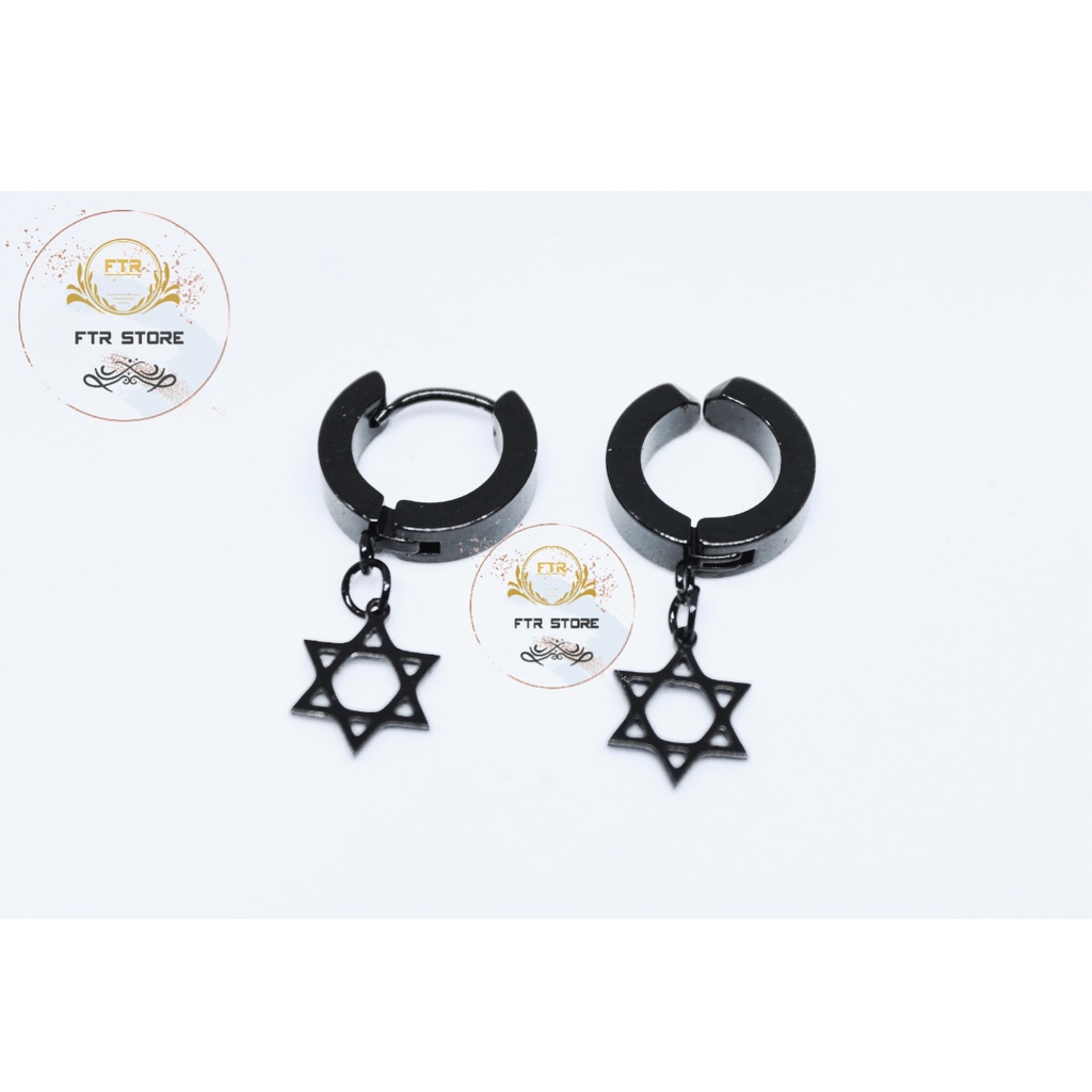 Anting tindik dan jepit model bintang hexagram hitam / anting Korea/ Anting kpop/ Anting hitam / Earrigs black