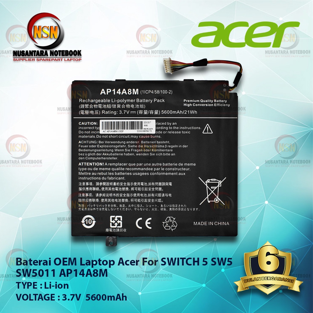 Baterai OEM Laptop Acer SWITCH 5 SW5 SW5011 AP14A8M 3.7V 5600mAh