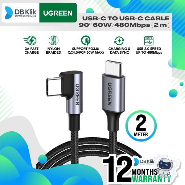 Kabel UGreen USB-C to USB-C 90° 60W/480Mbps Nylon Braided 2Meter-50125