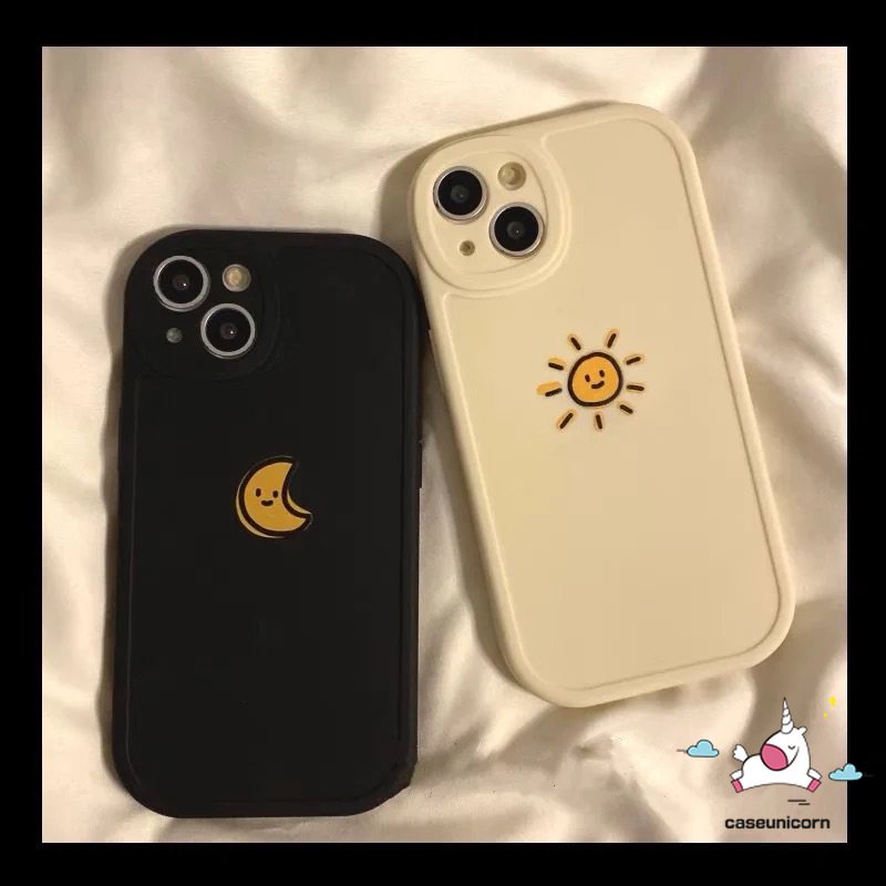 Casing Couple Case Kompatibel Untuk iPhone 11 Pro Max14 13 12 Pro Max XR 6s 6 8 7 Plus X XS Max SE 2020 Simple Lucu Bulan Matahari Shockproof Lembut Tpu Pecinta Pasangan Cover