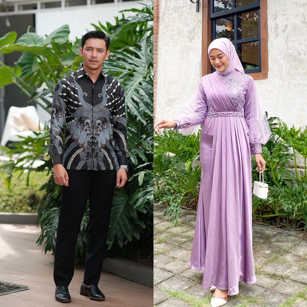 NAYAKA BATIK MELODY LILAC SERIES - Batik Couple Melody Lilac Dress Kondangan Kekinian Gamis Brukat Amara Baju Couple Lebaran Gamis dan Kemeja Batik Lengan Panjang