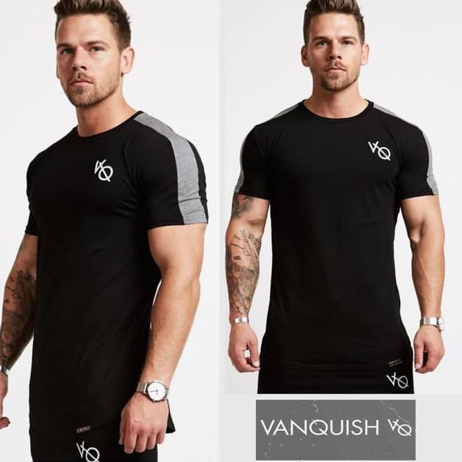 READY Kaos VQ STRIPE / Baju gym fitnes pria shoulder list CASUAL