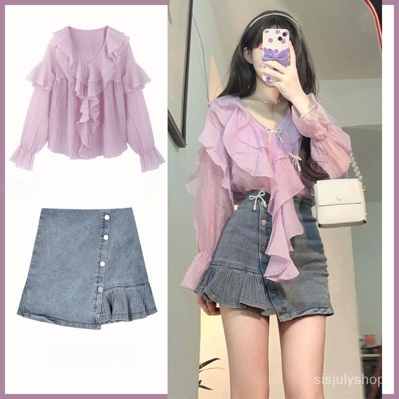 [✅BISA COD] #Sisjuly# Setelan dua potong rok pendek denim gaya Hong Kong wanita ukuran besar