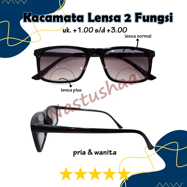 Kacamata Baca dan Jalan (+) Lensa Gelap Uk. +1.00 s/d +3.00 Bingkai Persegi Panjang Gagang Per Kacamata Double Fokus Normal Plus Unisex NOCASE