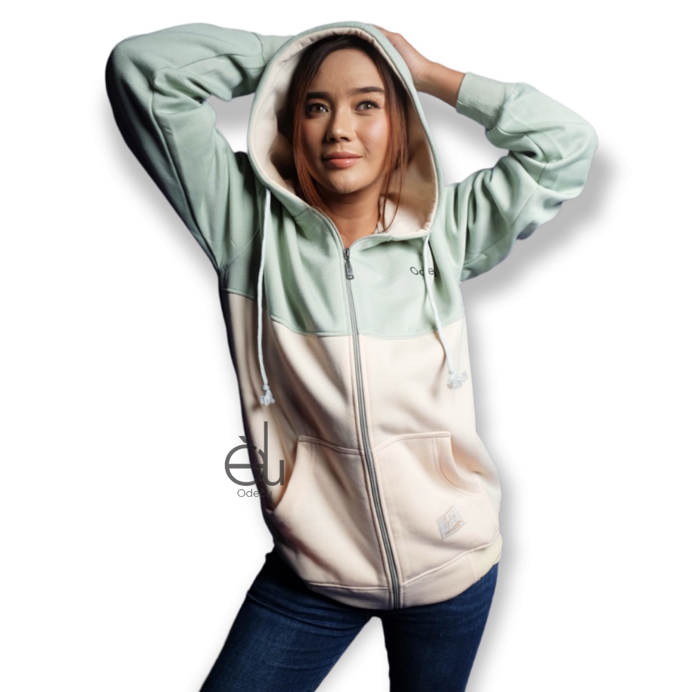 ODECU PREMIUM HOODIE ZIPPER TWO COLOR MINT VANILLA SWEATER WANITA PRIA