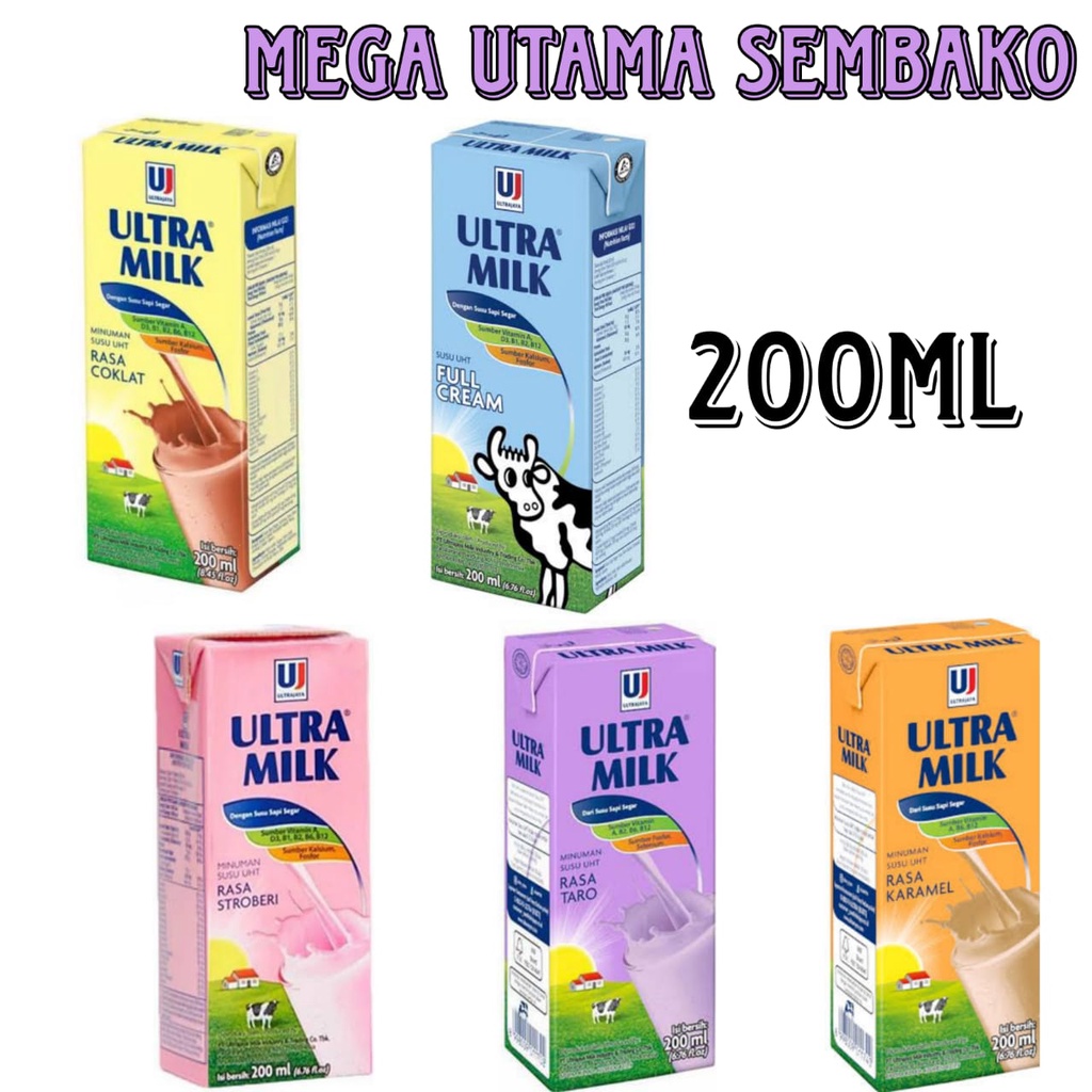 

Susu Ultra 200 ml Susu UHT Ultra 200ml Ultramilk per karton dus 24 pcs @ 200 ml Full cream Coklat Stroberi Strowberry Karamel Taro