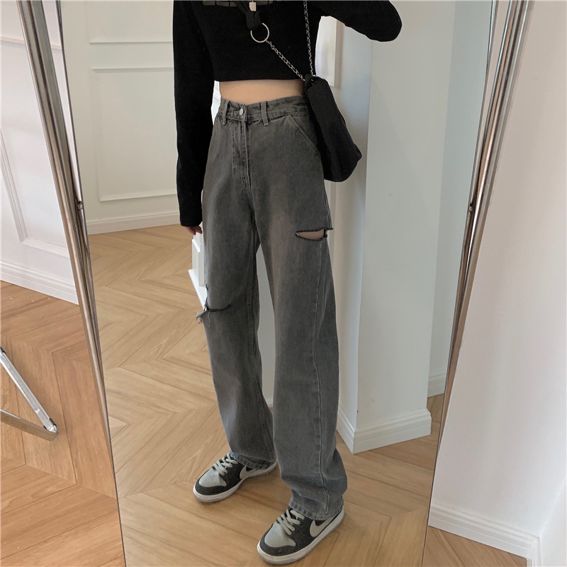 Abu abu Highwaist Robek Celana Jens Wanita / Korean Fashion Kulot Jeans Wanita