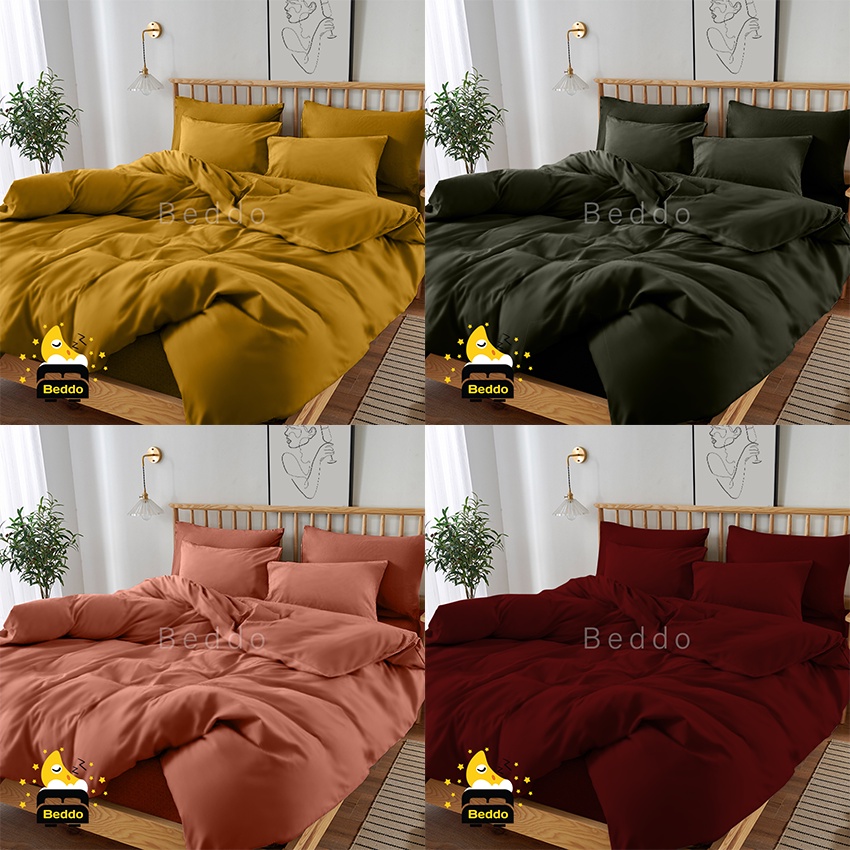 Beddo Sprei Set 160x200 Queen Polos Minimalis Microfiber /Seprai Plain Grey Black white Navy Purple  Mustrad Peach Silver Pink